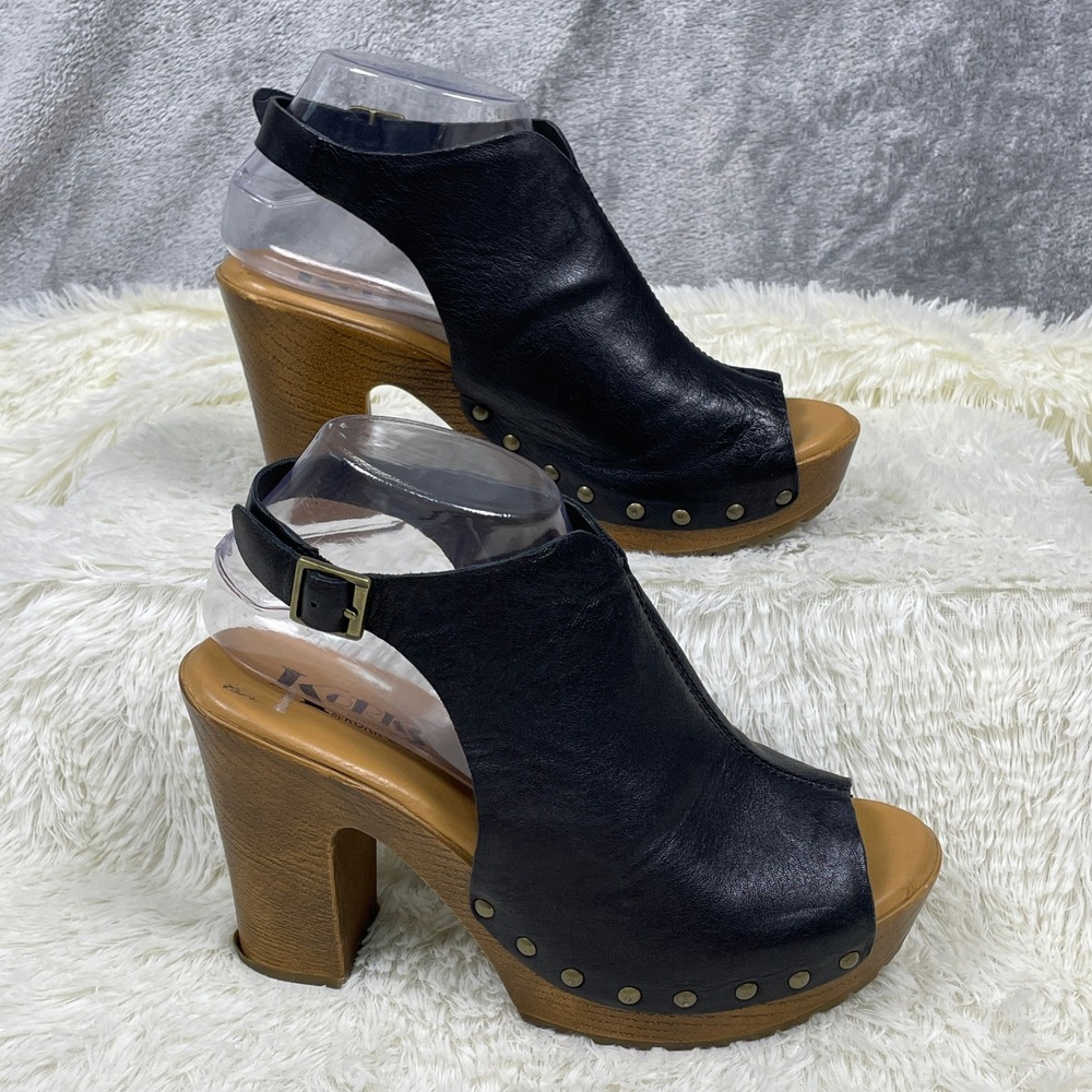 Korks Leather Platform Clog Sandals Womens 8 Black Good Studded Wood Block Heel